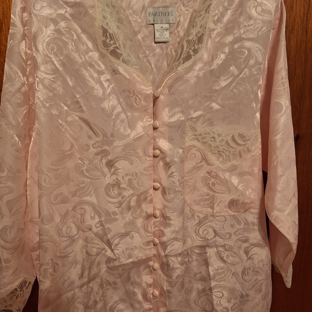 Vintage Partners Mervyns Peachy Pink Lace Nightgown Ladies Medium 80's Swirls - Picture 4 of 4